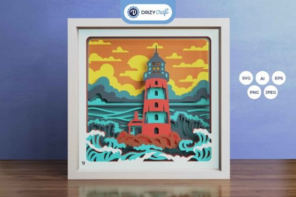 Lighthouse in the Middle of Big Waves 3D SVG for Shadow Boxes