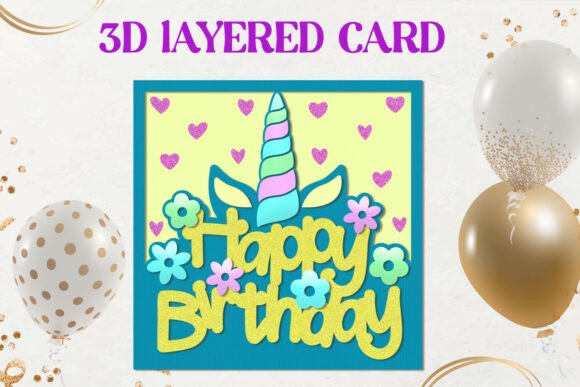 Unicorn Birthday Card 3D Layered SVG for Laser Cutting